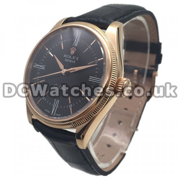 Popular Male Automatic Rolex Cellini Copy Watches With Black Dials And Rose Gold Steel Cases