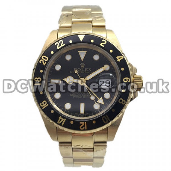 Male Black Bezels Automatic Rolex GMT Master Copy Watches With Gold Steel Bracelets UK