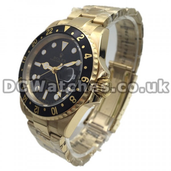 Male Black Bezels Automatic Rolex GMT Master Copy Watches With Gold Steel Bracelets UK