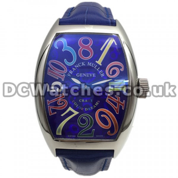 Popular Blue Dials UK Franck Muller Crazy Hours Replica Watches With Blue Crocodile Straps