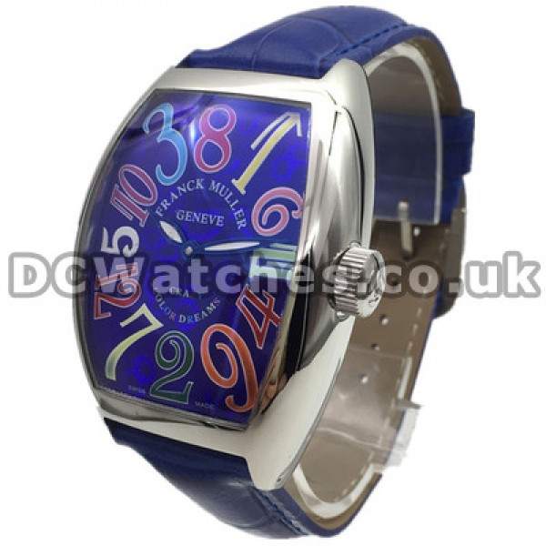 Popular Blue Dials UK Franck Muller Crazy Hours Replica Watches With Blue Crocodile Straps