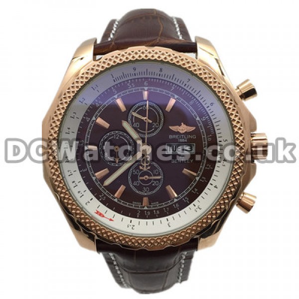 Elegant Brown Straps UK Breitling Bentley Replica Watches With 48MM Rose Gold & Steel Cases