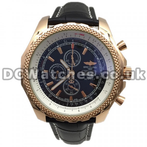 Fashionable Male Black Dials Breitling Bentley Fake Watches With Black Crocodile Straps UK