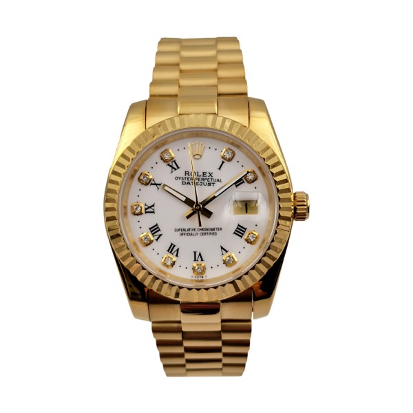 Precious Diamond Indexes And Black Roman Numerals Rolex Datejust Fake Watches With White Dials