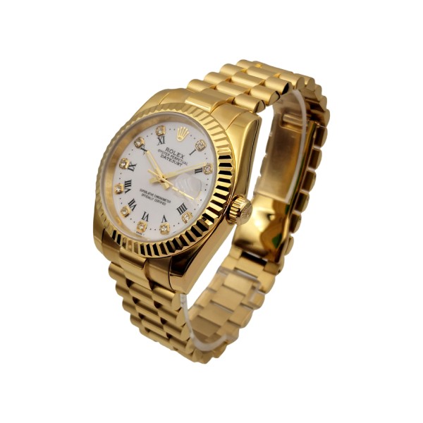 Precious Diamond Indexes And Black Roman Numerals Rolex Datejust Fake Watches With White Dials