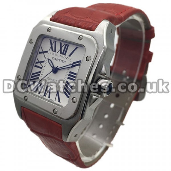 Pretty Steel Cases Swiss Cartier Santos 100 Fake Watches With White Dials 33MM