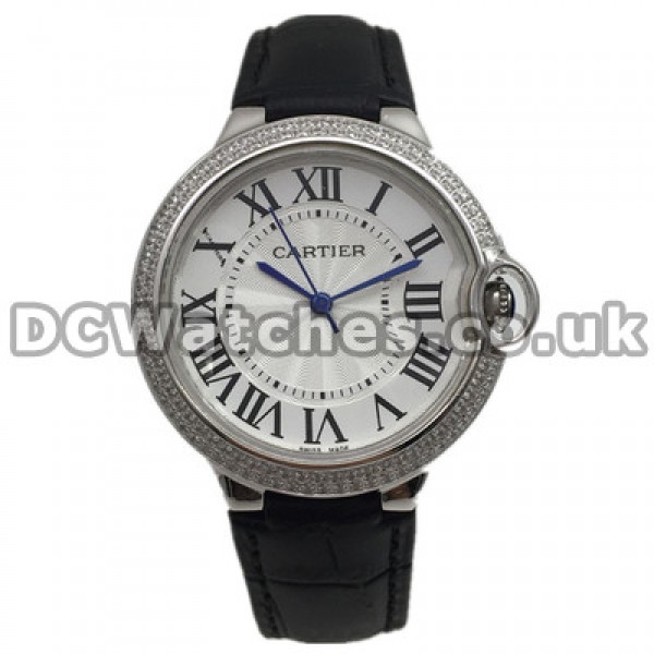 Shiny Diamond Bezels And White Gold Cases Ballon Bleu De Cartier Replica Watches With Blue Hands
