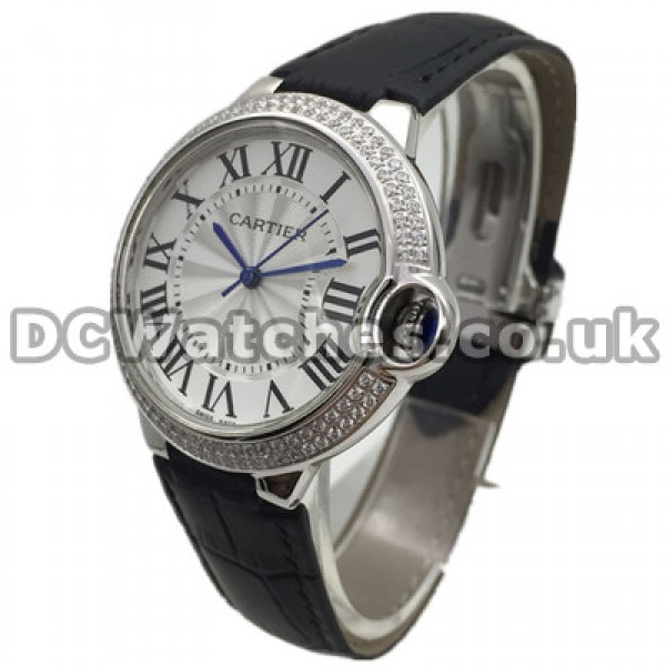 Shiny Diamond Bezels And White Gold Cases Ballon Bleu De Cartier Replica Watches With Blue Hands