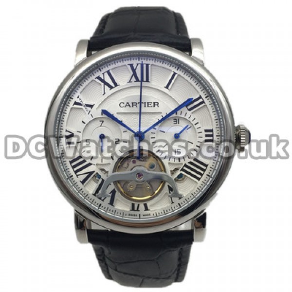 Special 41MM Black Alligator Straps Calibre De Cartier Fake Watches For Men With White Dials
