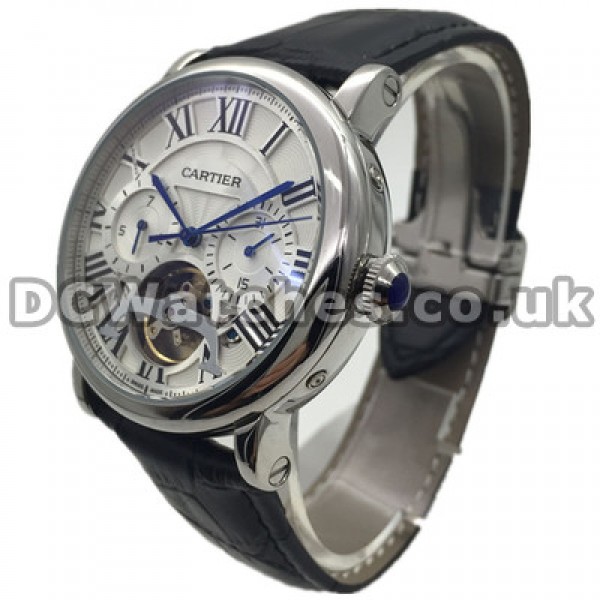 Special 41MM Black Alligator Straps Calibre De Cartier Fake Watches For Men With White Dials