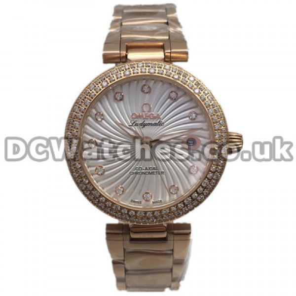 Unique White Dials 28MM Omega De Ville Ladymatic Replica Watches With Rose Gold Steel Bracelets