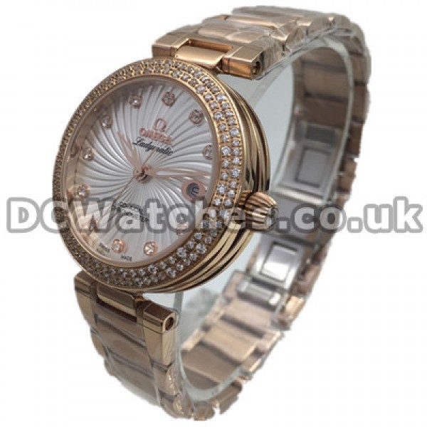 Unique White Dials 28MM Omega De Ville Ladymatic Replica Watches With Rose Gold Steel Bracelets