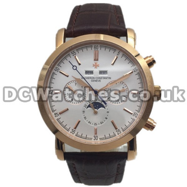 Functional White Butyl Dials 41MM Vacheron Constantin Overseas Copy Watches With Brown Straps