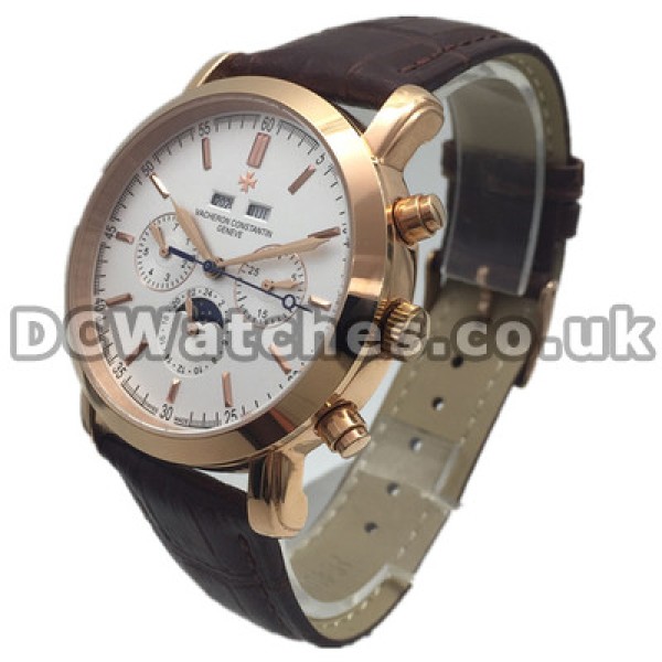 Functional White Butyl Dials 41MM Vacheron Constantin Overseas Copy Watches With Brown Straps