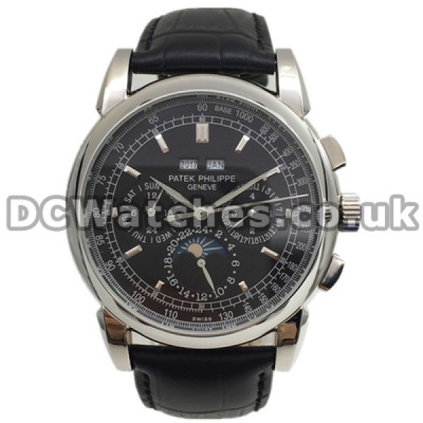 Cool 44MM Black Dials Patek Philippe Complicated Copy Watches With Steel Cases