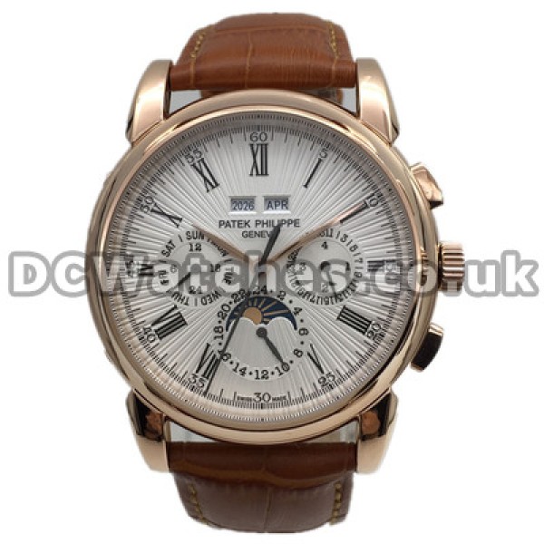 Shiny Brown Straps Swiss Patek Philippe Complicated Copy Watches With Rose Gold Steel Cases Online