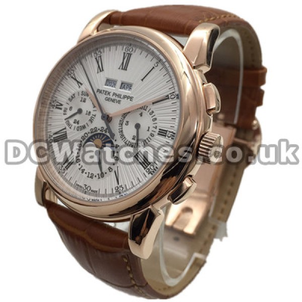 Shiny Brown Straps Swiss Patek Philippe Complicated Copy Watches With Rose Gold Steel Cases Online