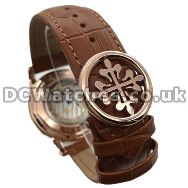 Shiny Brown Straps Swiss Patek Philippe Complicated Copy Watches With Rose Gold Steel Cases Online