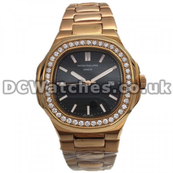 Valuable Black Dials Swiss Male Patek Philippe Nautilus Copy Watches With Rose Gold Steel Bracelets