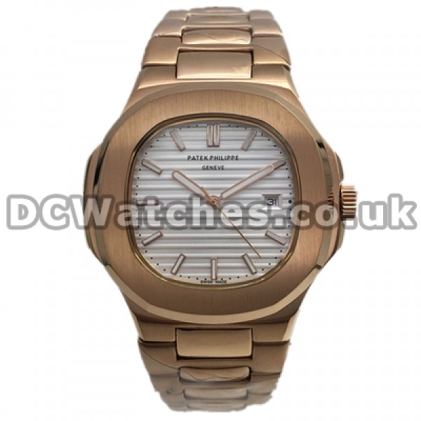 Popular 41MM White Dials Male Patek Philippe Nautilus Fake Watches With Rose Gold Steel Cases