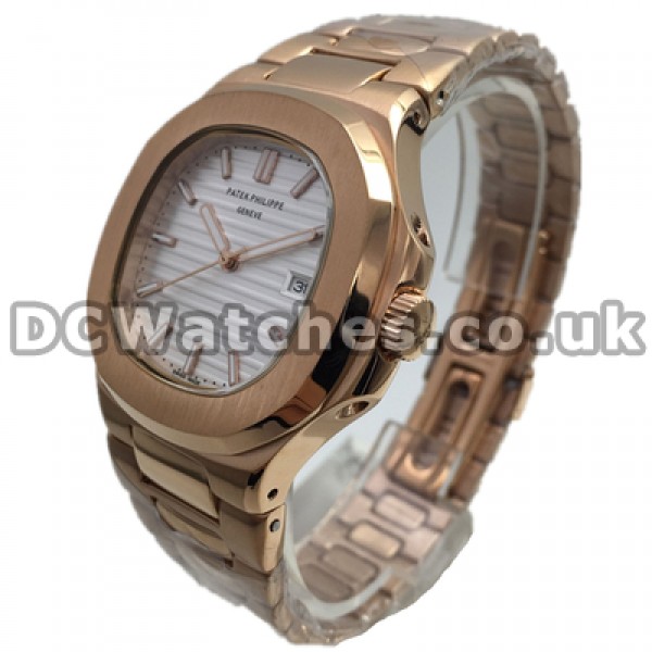 Popular 41MM White Dials Male Patek Philippe Nautilus Fake Watches With Rose Gold Steel Cases