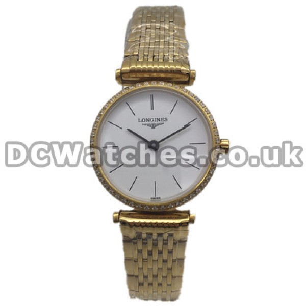Luxury Yellow Gold Steel Bracelets Female Longines Elegant Series Copy Watches With White Dials