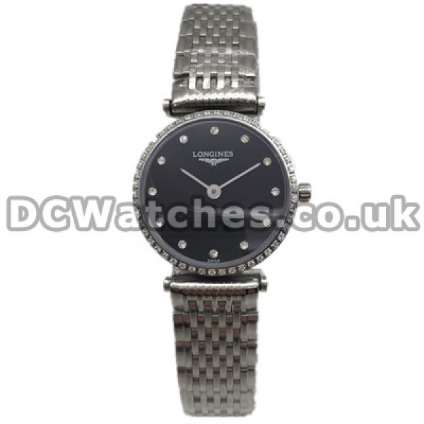 Delicate Black Dials 24MM Longines Elegant Series Replica Watches For Women With Steel Bracelets