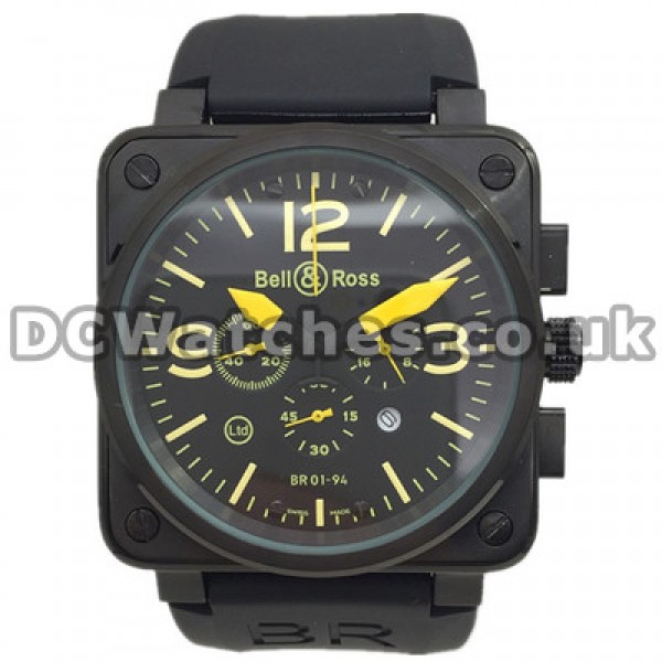 Cool 46MM Black Straps Bell And Ross BR01-94 Chronograph Copy Watches With Carbon & Steel Cases