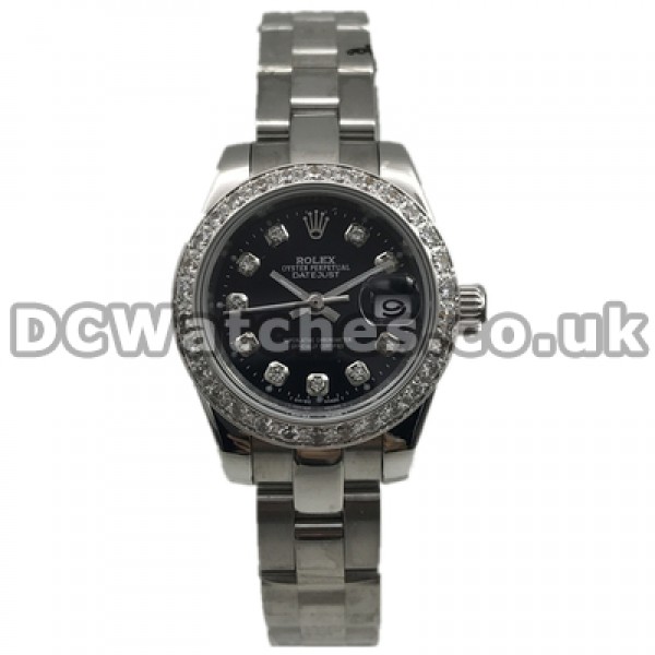 Hot-selling Black Dials And Diamond Indexes 26MM Rolex Datejust Replica Watches For Ladies