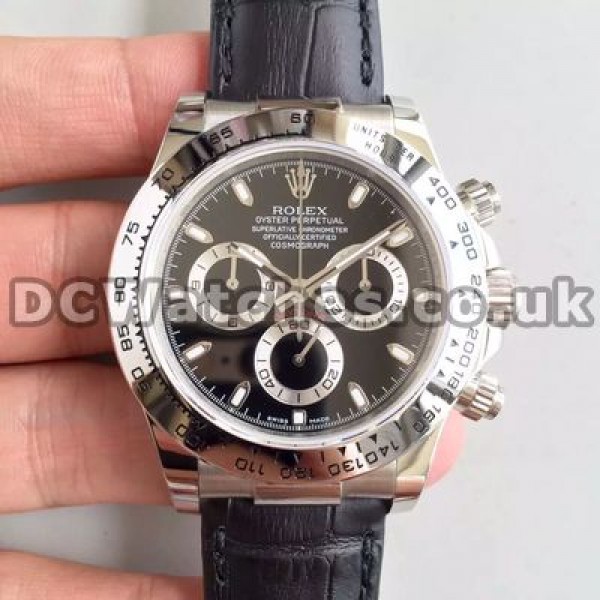Valuable White Gold Cases Rolex Daytona 7750 Fake Watches With Black Crocodile Straps