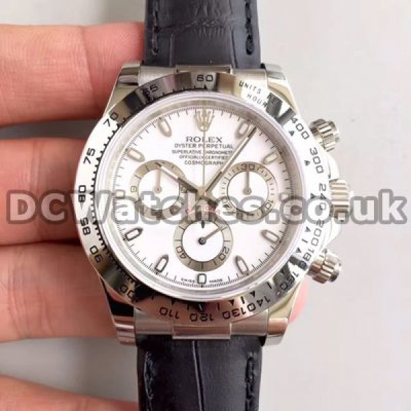 Clear White Dials And Indexes Rolex Daytona 7750 Replica Watches With White Gold Cases