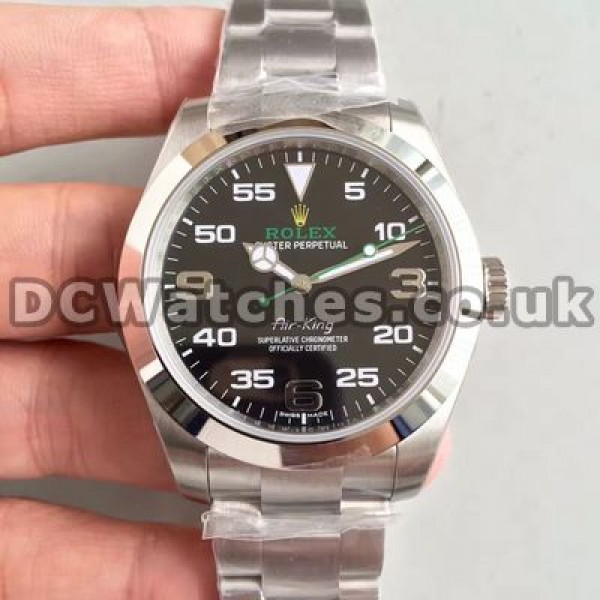 Clear Male Steel Cases Rolex Air-King Fake Watches With Black Dials And Arabic Numerals