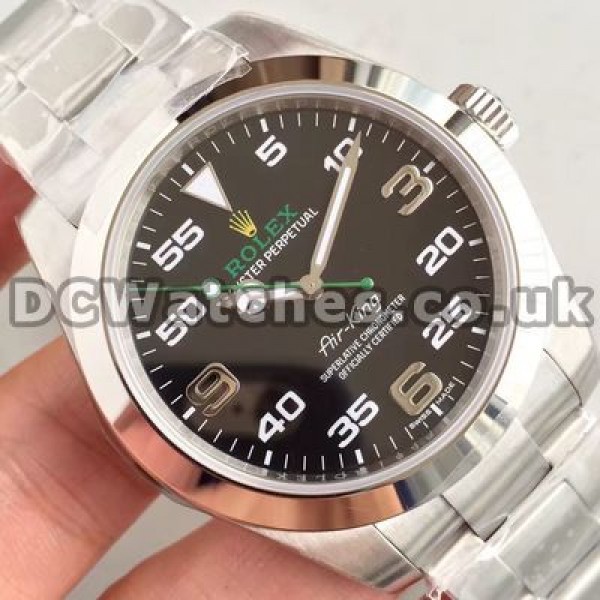 Clear Male Steel Cases Rolex Air-King Fake Watches With Black Dials And Arabic Numerals