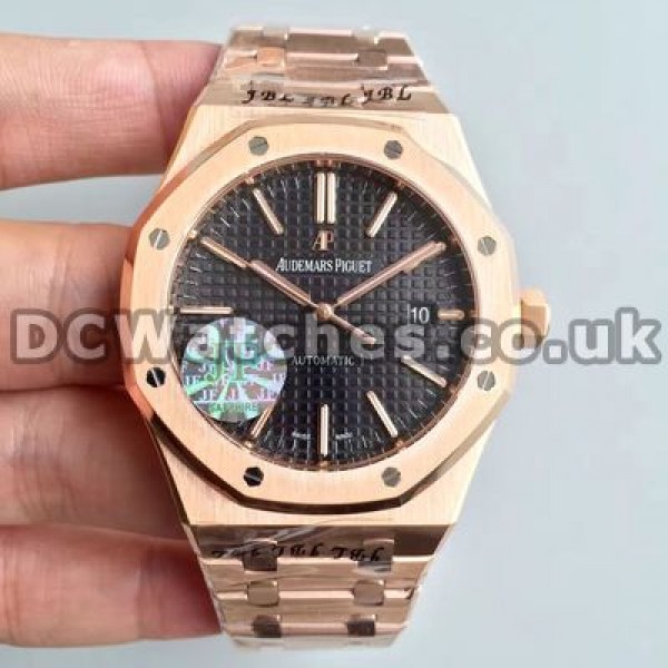 Special Black Dials Audemars Piguet Royal Oak Copy Watches With Rose Gold Steel Bracelets Sale