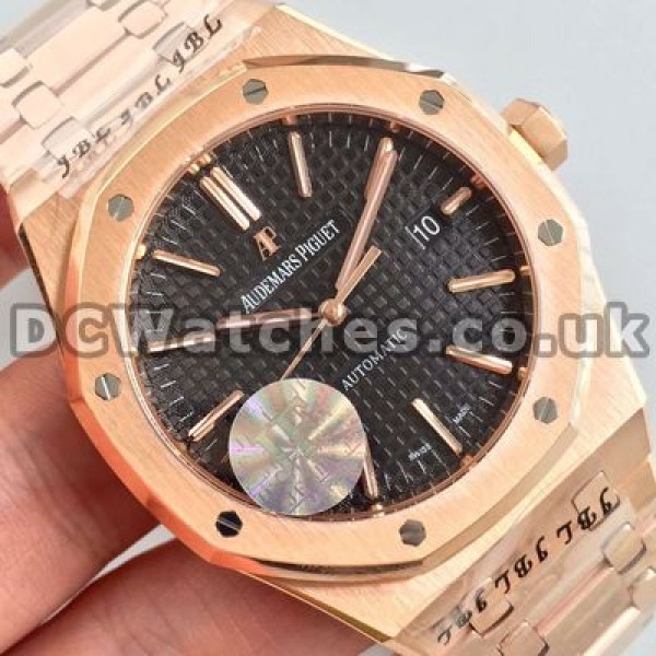 Special Black Dials Audemars Piguet Royal Oak Copy Watches With Rose Gold Steel Bracelets Sale