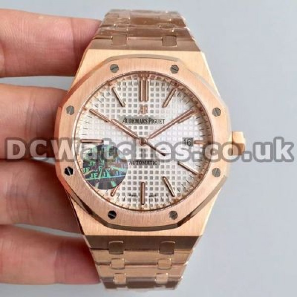Cheap White Dials Audemars Piguet Royal Oak Replica Watches With Rose Gold Steel Hands And Indexes