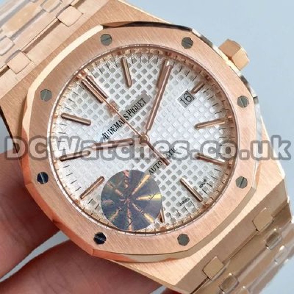 Cheap White Dials Audemars Piguet Royal Oak Replica Watches With Rose Gold Steel Hands And Indexes