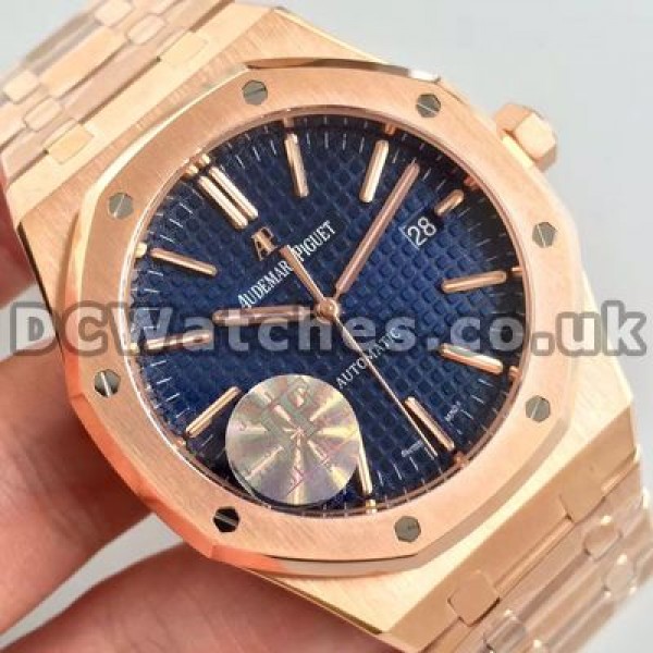 Charming Blue Dials Automatic Audemars Piguet Royal Oak Fake Watches With Rose Gold Steel Cases