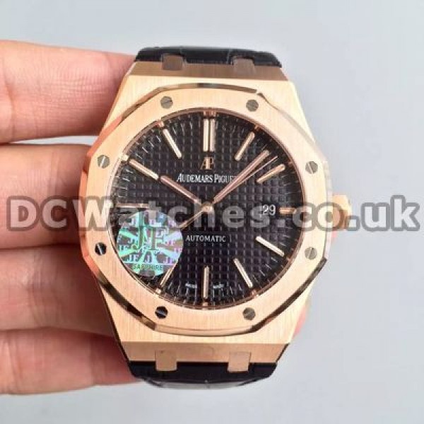 Elegant Black Dials Audemars Piguet Royal Oak Copy Watches With Black Crocodile Straps Online