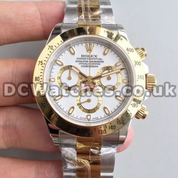 Unique Male 40MM Rolex Daytona 7750 Fake Watches With White Dials And Gold Hands Online