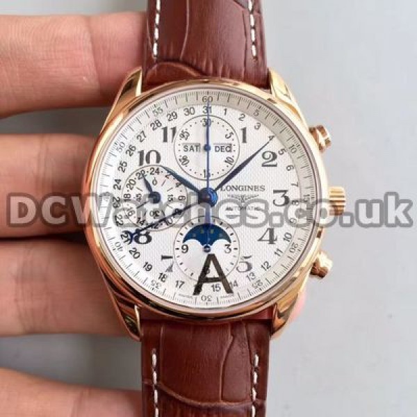 Durable Male Longines Master Collection Replica Watches With Brown Crocodile Straps And White Dials