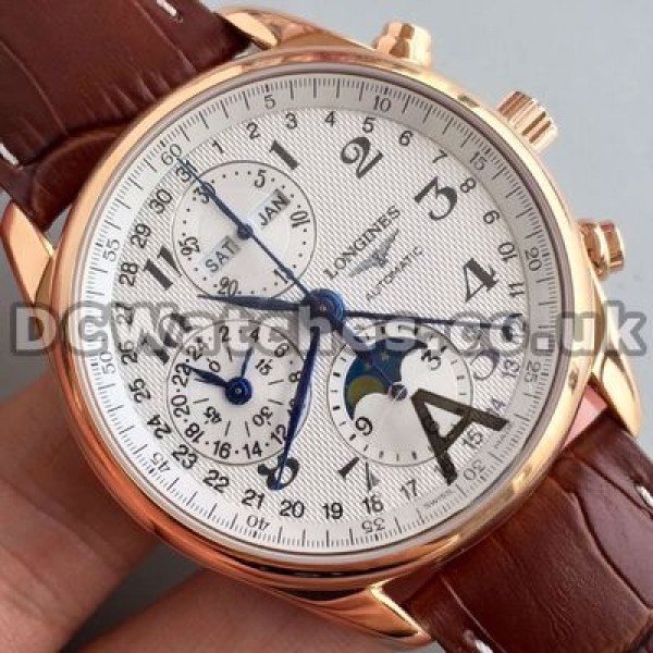 Durable Male Longines Master Collection Replica Watches With Brown Crocodile Straps And White Dials