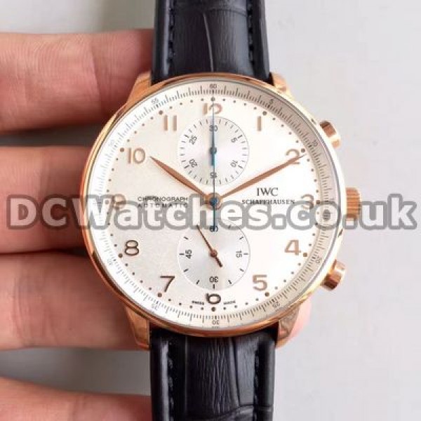 Unique Rose Gold Steel Cases Male IWC Portuguese Chronograph 7750 Copy Watches With Black Crocodile Straps