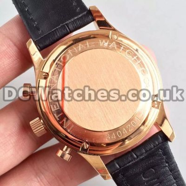 Unique Rose Gold Steel Cases Male IWC Portuguese Chronograph 7750 Copy Watches With Black Crocodile Straps