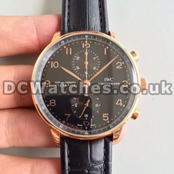 Perfect Black Crocodile Straps And Black Dials IWC Portuguese Chronograph 7750 Replica Watches For Mature Men
