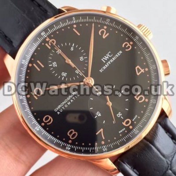Perfect Black Crocodile Straps And Black Dials IWC Portuguese Chronograph 7750 Replica Watches For Mature Men