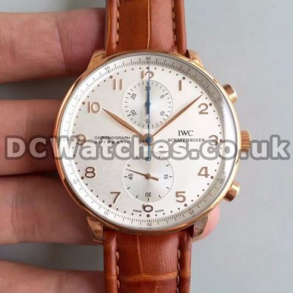 Fashionable Brown Crocodile Straps 40MM IWC Portuguese Chronograph 7750 Fake Watches With White Dials
