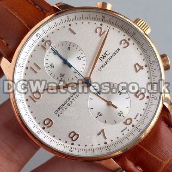 Fashionable Brown Crocodile Straps 40MM IWC Portuguese Chronograph 7750 Fake Watches With White Dials
