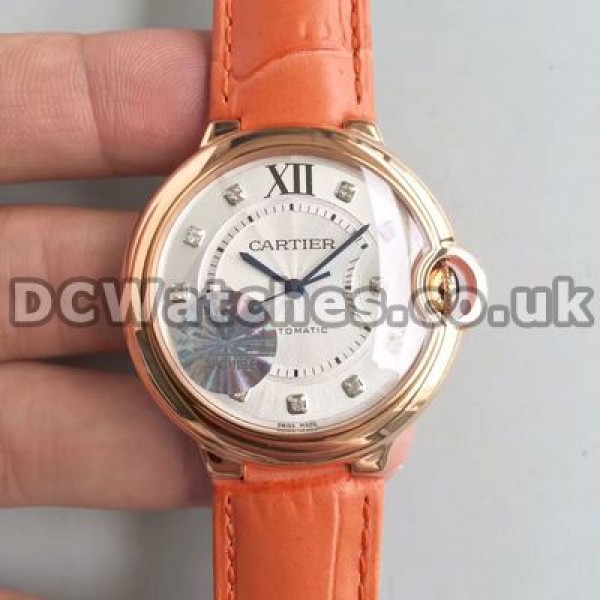 Unique Orange Crocodile Straps Ballon Bleu De Cartier Replica Watches With Rose Gold Cases