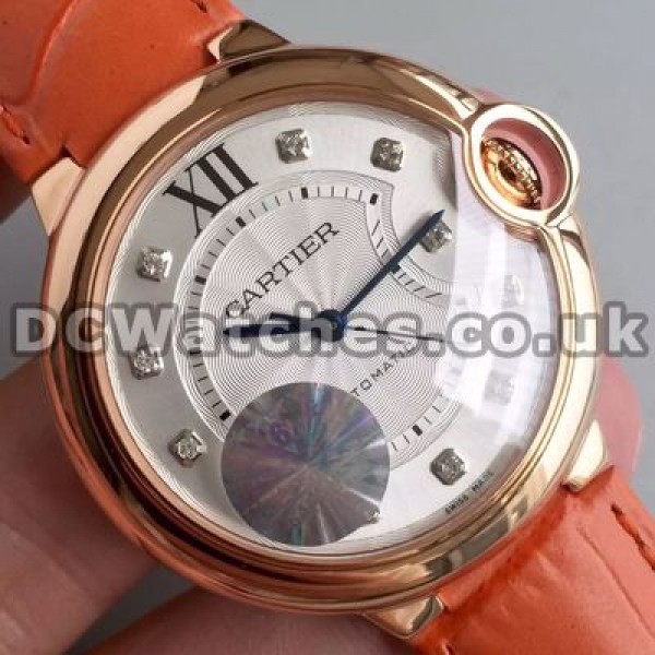 Unique Orange Crocodile Straps Ballon Bleu De Cartier Replica Watches With Rose Gold Cases